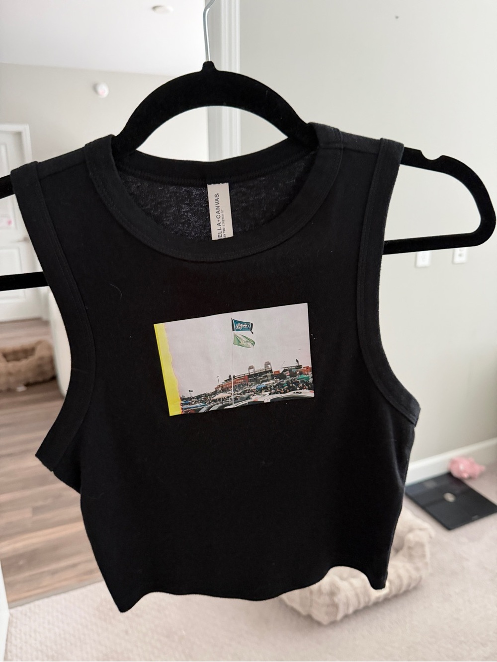 Ella Black Crop Tank with Stadium Photo Graphic and Green Flags
